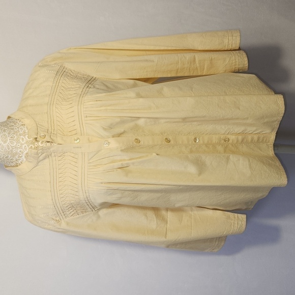 J Jill Pale Yellow Button Down Baby Doll 3/4 Sleeve Embroidered Blouse Size M - Picture 1 of 13